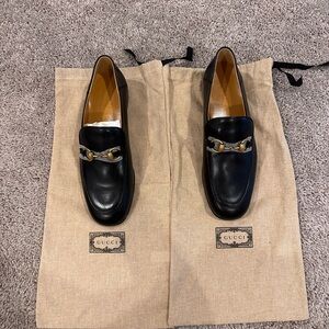 Gucci Women's Black Leather Loafers with Gold Horsebit -
BRAND NEW